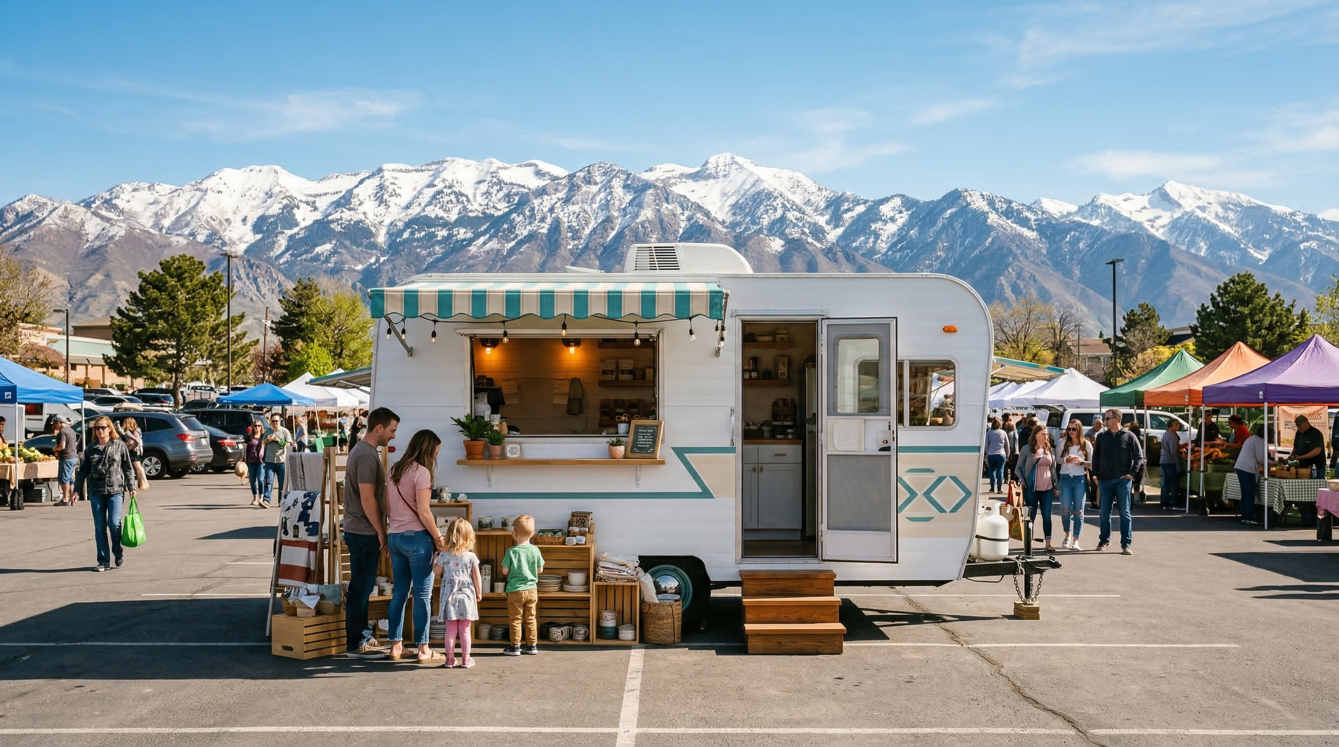 Mobile Discount Diaper Depot trailer at an outdoor market with Utah mountains in the background